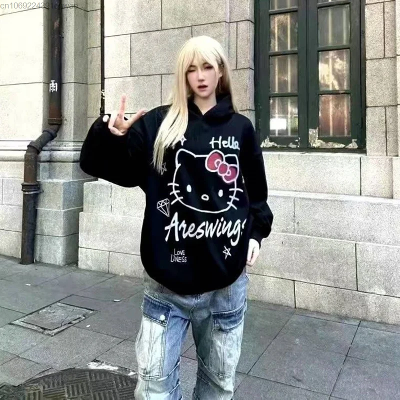 Sanrio Hello Kitty Gothic Hoody Sweater Cute Korean Fashion Hip Hop Black White Pullovers Coat 90s Vintage Sweatshirt Couple Y2k