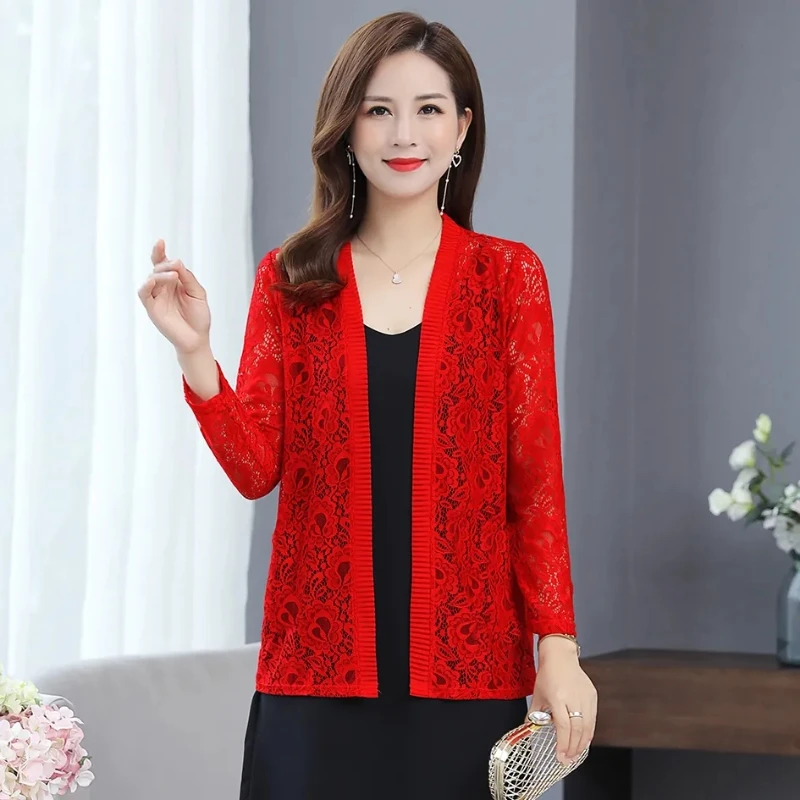 Plus Size Cardigan Solid Hollow Lace Round Neck Cardigan For Women Long Sleeve Sun Protection Thin Coat Women's Clothing Sales