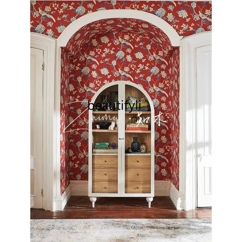 Custom French Style Solid Wood Arch Wine Cabinet American Retro Side Cabinet Nordic Glass Cabinet Modern Double Door Bookcase