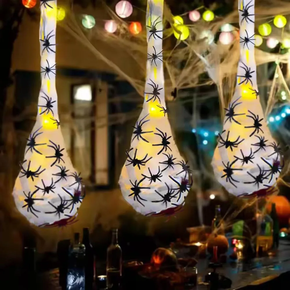 1/3 Piezas de Decoración Colgante de Halloween con Forma de Huevo de Araña y Luces LED, Funciona con Pilas, para Casa Embrujada, Porche, Jardín, Fiesta