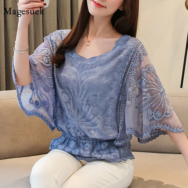 Flower Half Sleeve Shirt Women Elegant Fashion New Butterfly Chiffon Blouse Summer Cotton Edge Lace O Neck Loose Shirt 4073 50