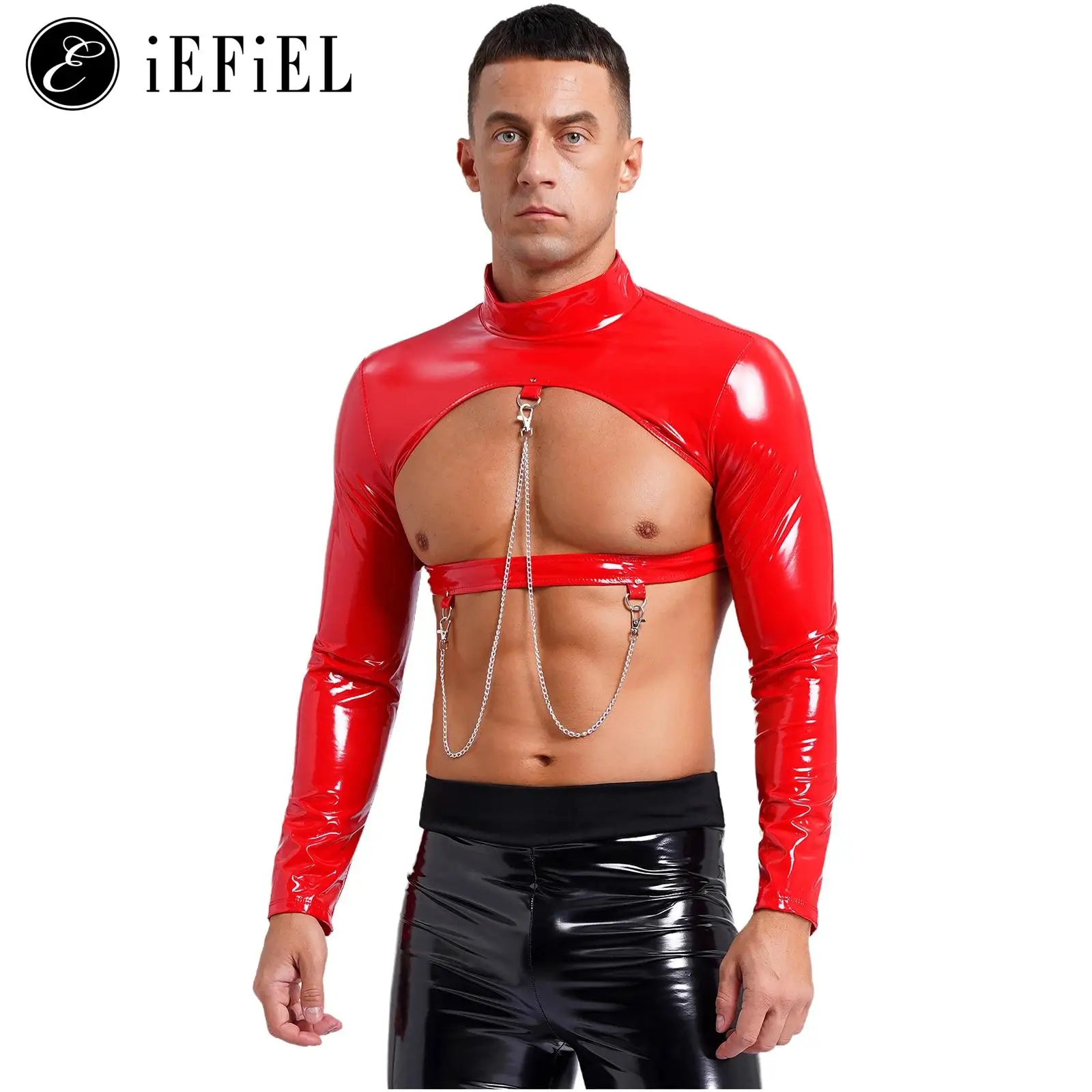 

Men's PVC Leather Hollow Out Crop Top Dance Shirts with Mental Chains Long Sleeve Mock Latex Club Rave Party Dance Costume