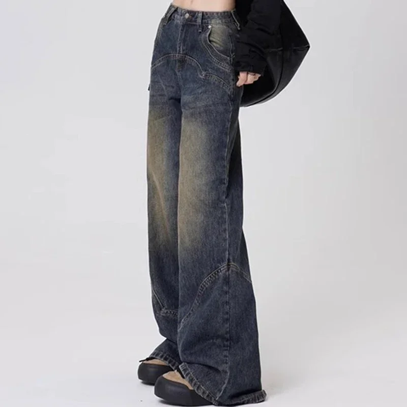 Frau Amerikanischen Retro Hohe Taille Streetwear Jeans Mädchen Mode Gothic Hip Hop Breite Bein Hosen Dame Kühlen Grau Lose Denim Hosen