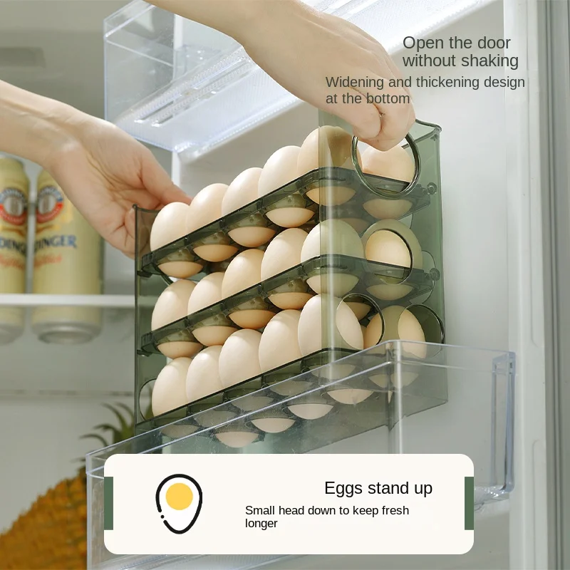 Nechuan 3-Layer Flip Egg Storage Rack, 30 Egg Capacity Fridge Door Organizer, PET Auto-Flip Egg Tray with Date Tracker