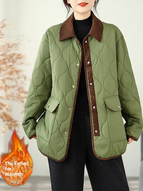 

Warm Cotton Jaet Lightweight Casual Light Blue And Khaki Corduroy Collar Women's Outerwear Winter Season Commute Sle