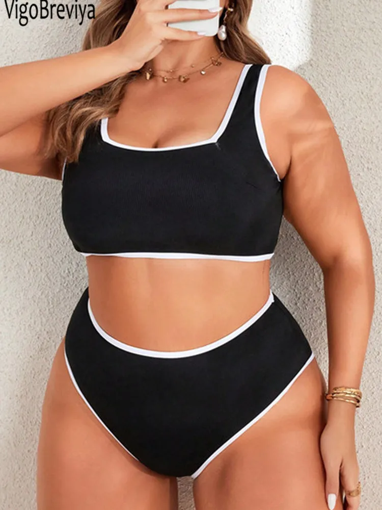 VigoBreviya 2024 Solidne paski 2-częściowe bikini Plus Size Kobiety Wysoka talia Curvy Strój kąpielowy Brazylijska plaża Lady Duży kostium kąpielowy