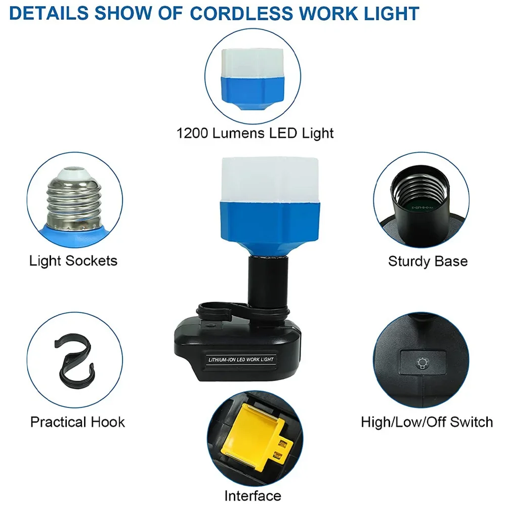 Lámpara LED de 12W para Makita, Bosch, Dewalt, Black Decker, Craftman, Milwaukee, batería de iones de litio de 14,4-20V, herramienta de escritorio reemplazable de 1200 lúmenes