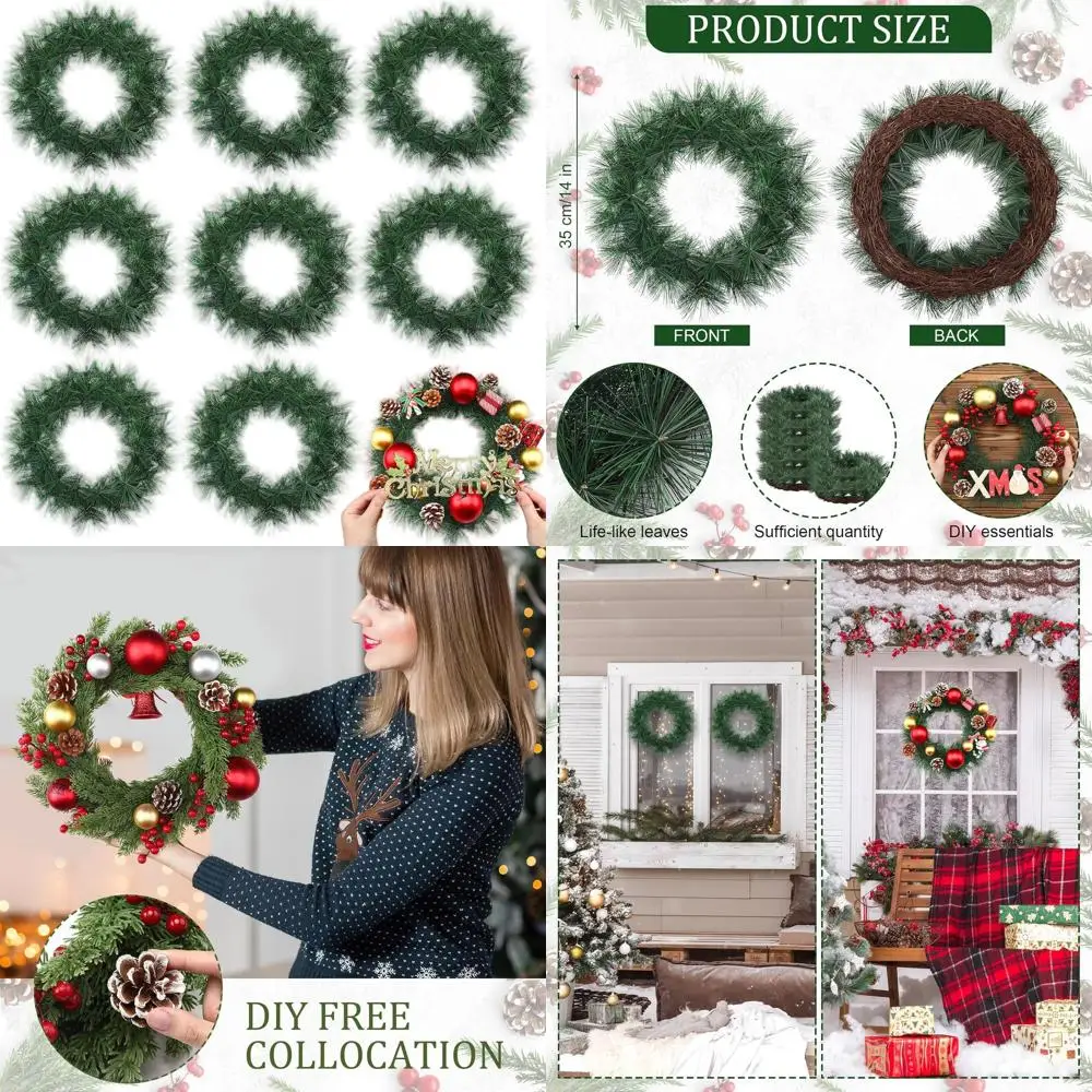 

14 Artificial Green Wreath, Set of 8, for Christmas Door & Window Decor, Indoor or Outdoor Use