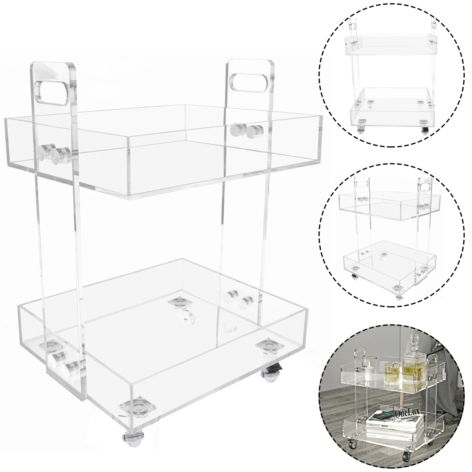 Acrylic Clear Side Table Modern Design Rolling Storage Acrylic Clear Cart with Wheels for Home Office Bathroom Kitchen Laundry