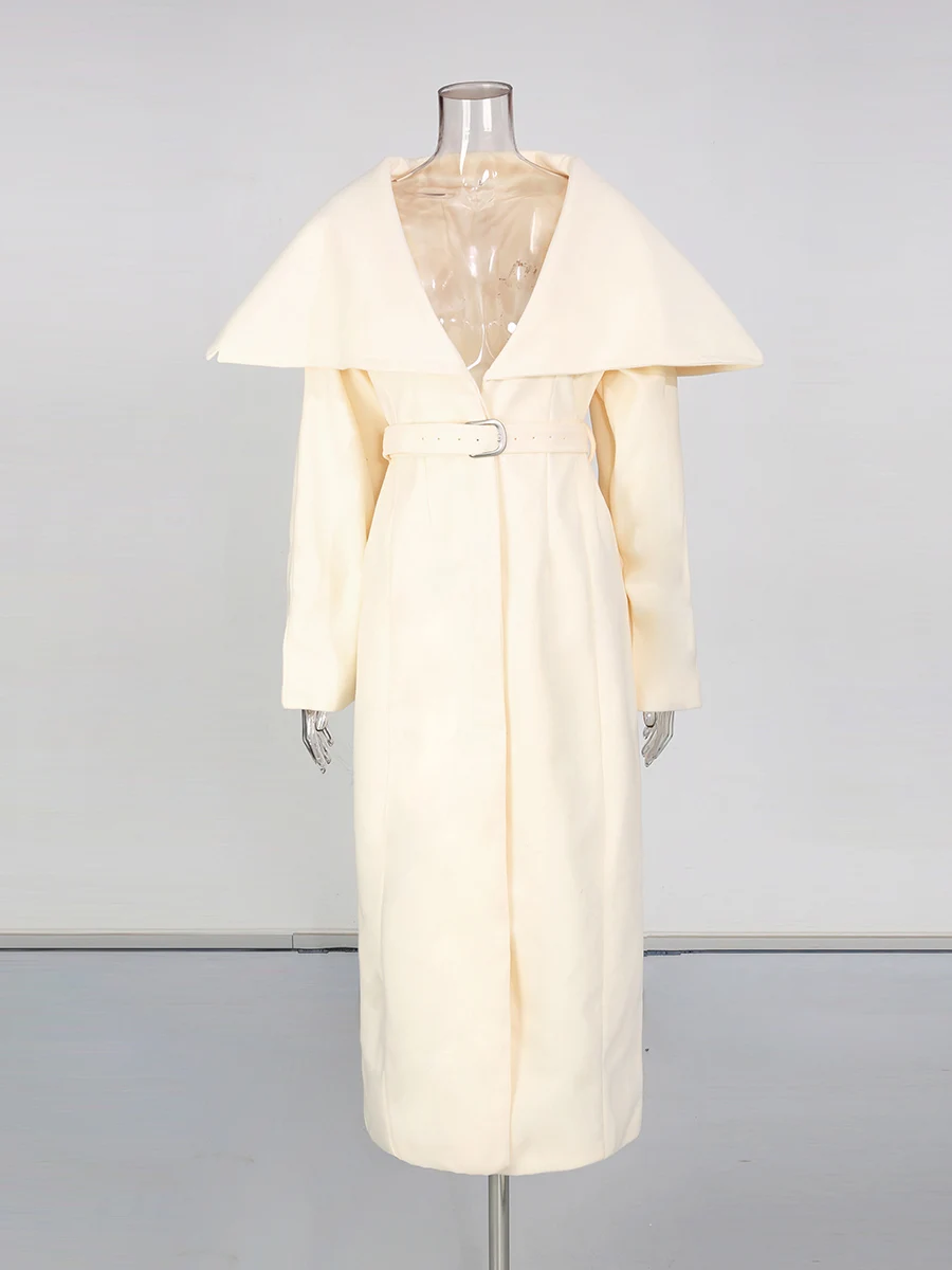 TWOTWINSTYLE Minimalist High End Coat for Women Lapel Long Sleeve Spliced Belt Slim Temperament Wool Coat Female Autumn Style