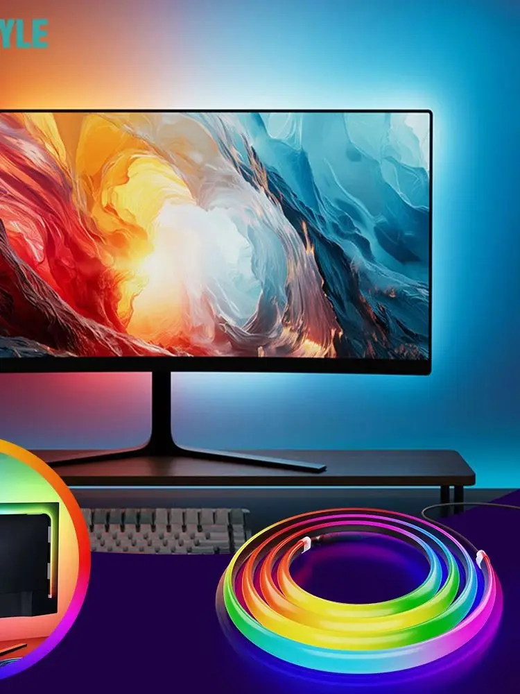 Bande lumineuse LED de synchronisation, barre de lumière ambiante de jeu intelligente, bande de rétro-éclairage pour ordinateur, contrôle par application, musique/ synchronisation des couleurs, décor