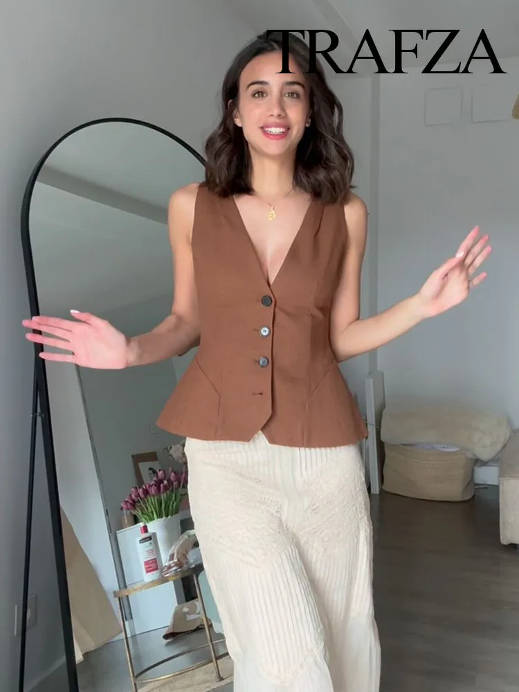 

TRAFZA Women Summer Fashion V-neck Single Breasted Linen Blend Loose Vest+Series Pocket Zippered Linen Blend Pleated Pants Suit
