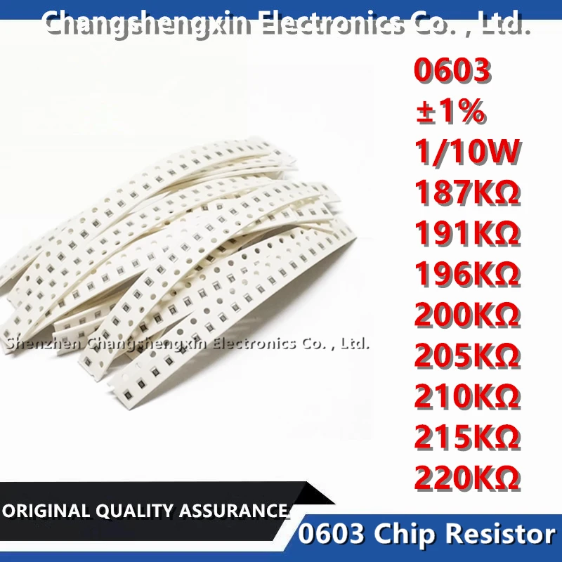 

100PCS 0603 SMT Chip Resistor Tolerance ±1% Resistance 187KΩ 191KΩ 196KΩ 200KΩ 205KΩ 210KΩ 215KΩ 220KΩ Ohm 1/10W 0.1W