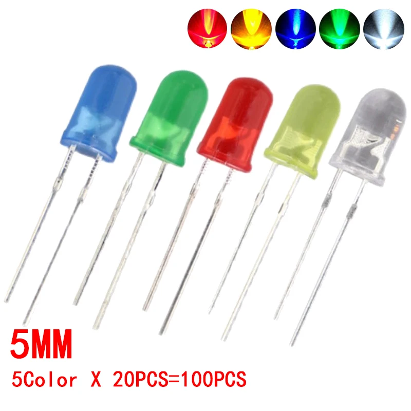 100 개 3mm 5mm LED 조명 화이트 옐로우 레드 그린 블루 모듬 키트 DIY LED 세트 전자 diy 키트, 조명, 노란색, 빨간색, 녹색, 파란색