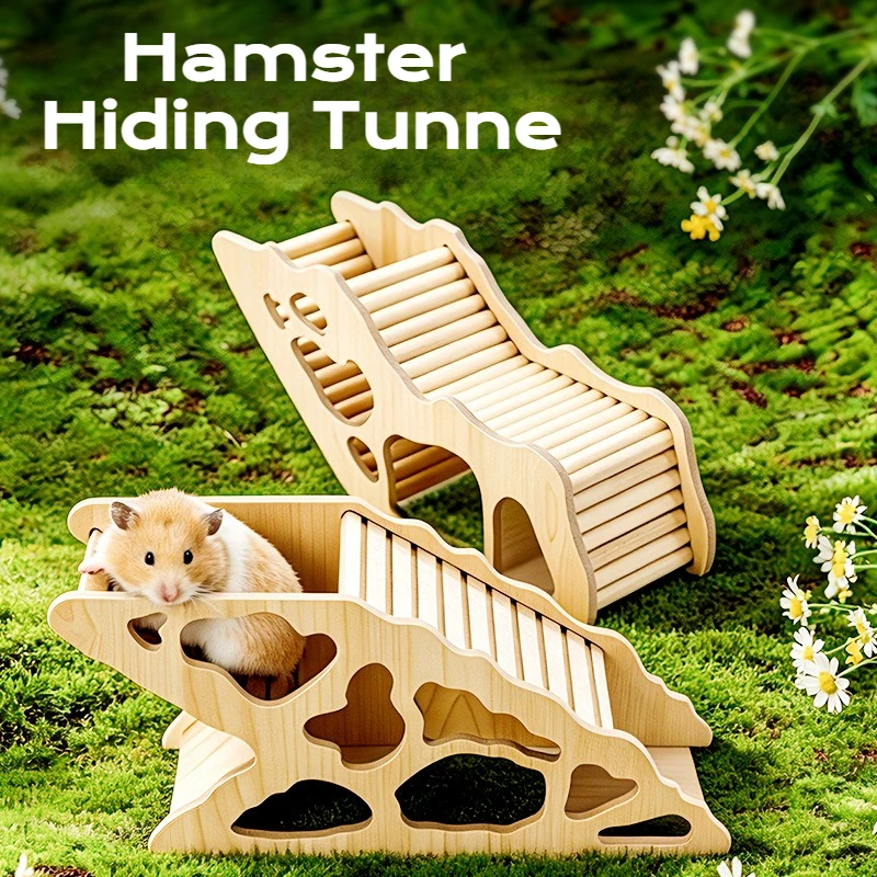 Wooden Hamster Hiding Tunnel with Ladder Pet Hideout House Exercise Toy Hamster Cage Accessories for Dwarf Hamster Gerbil Mouse