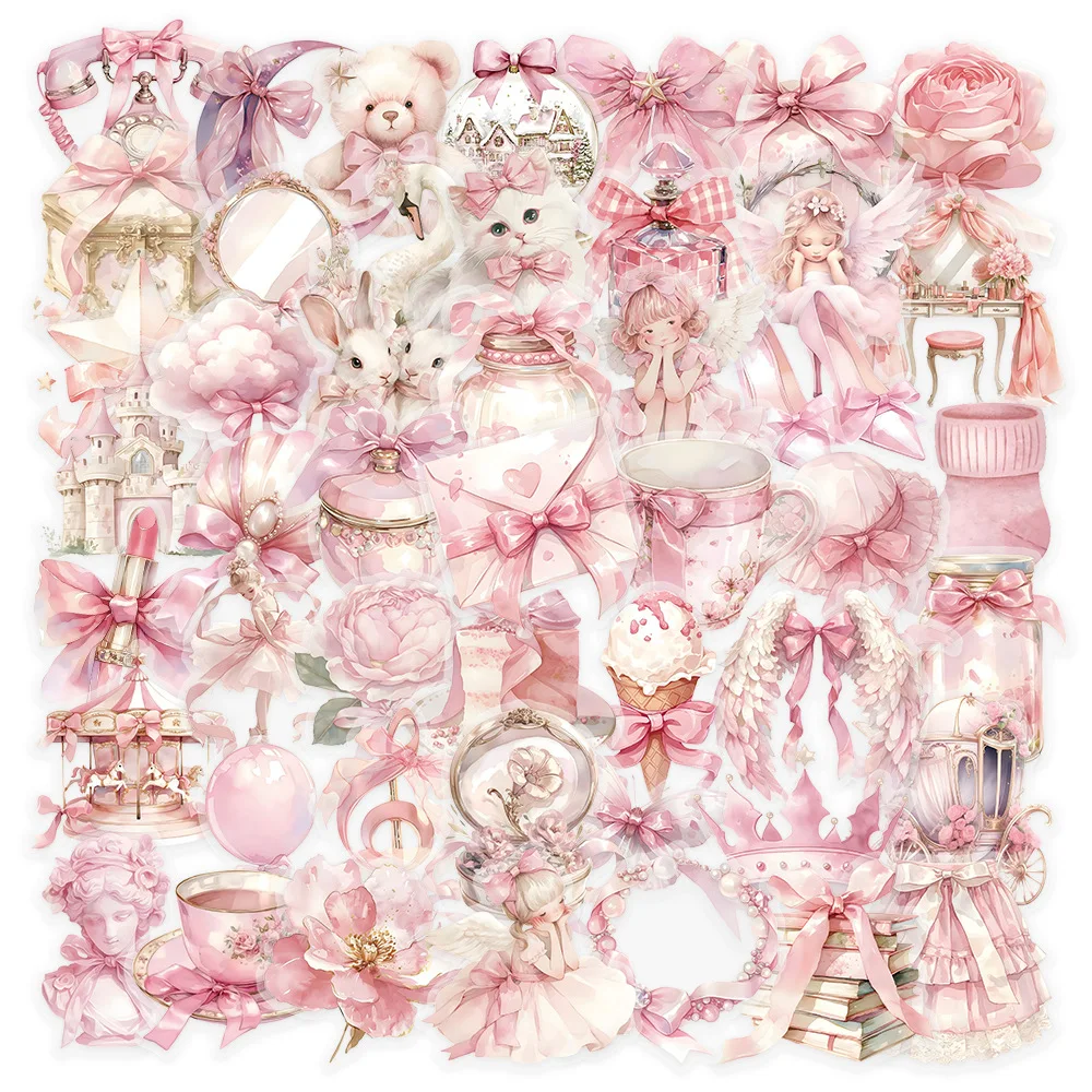 50PCS Pink Fairy Tale Stickers Cartoon Girl Gift Series Transparent Waterproof PET Stickers for Phone Laptop Guitar Water Cup