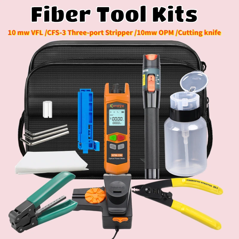 FTTH  Tool Kit Fiber Optic with Fiber Optica 10mw Power Meter and 10mW  VFL  Cleaver FC-20D  CFS-3  Three-port stripper Tool Kit