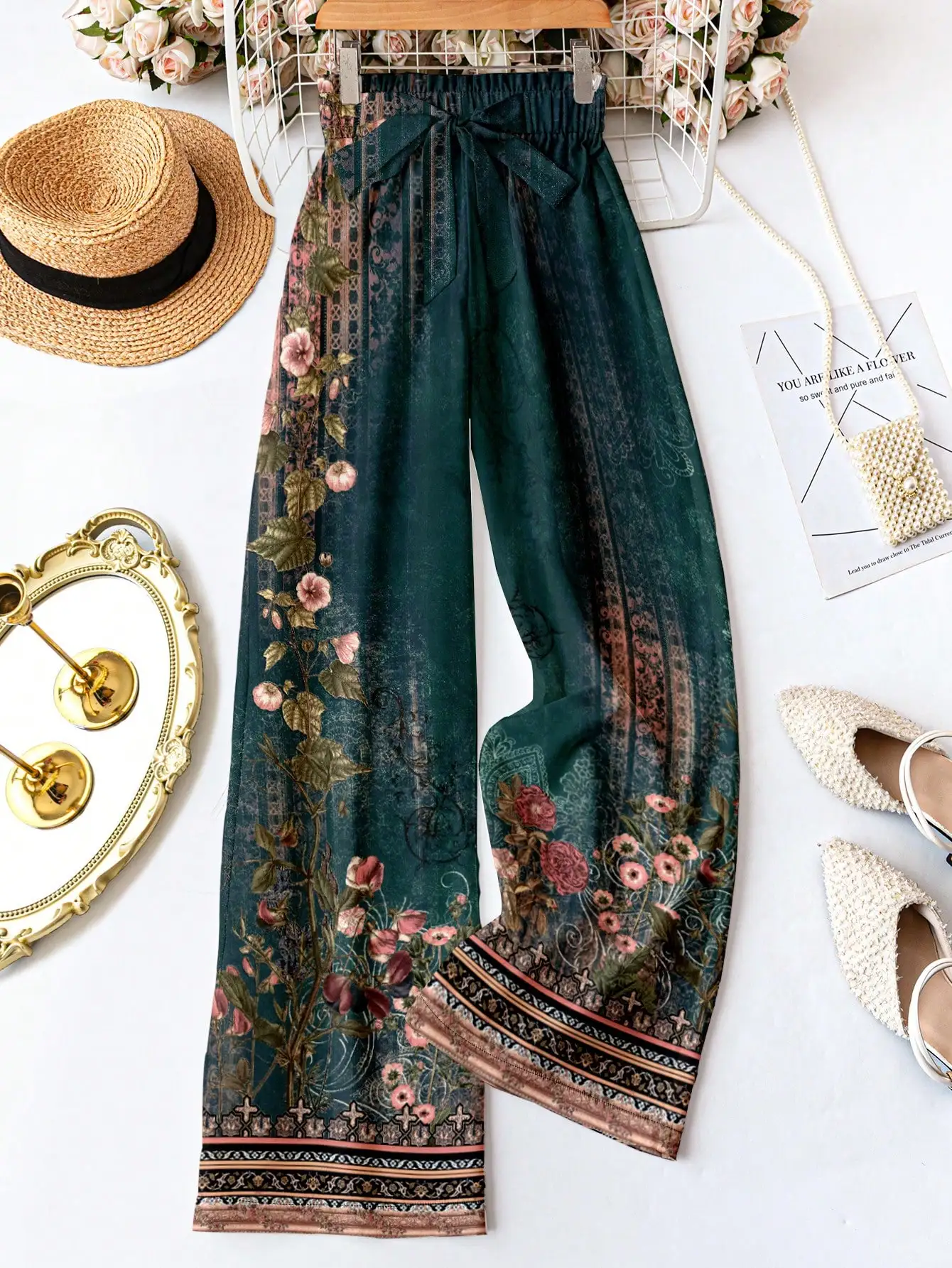 

Женские брюки с завязками на талии, с цветочным принтом, широкие, для летнего отдыха, повседневные