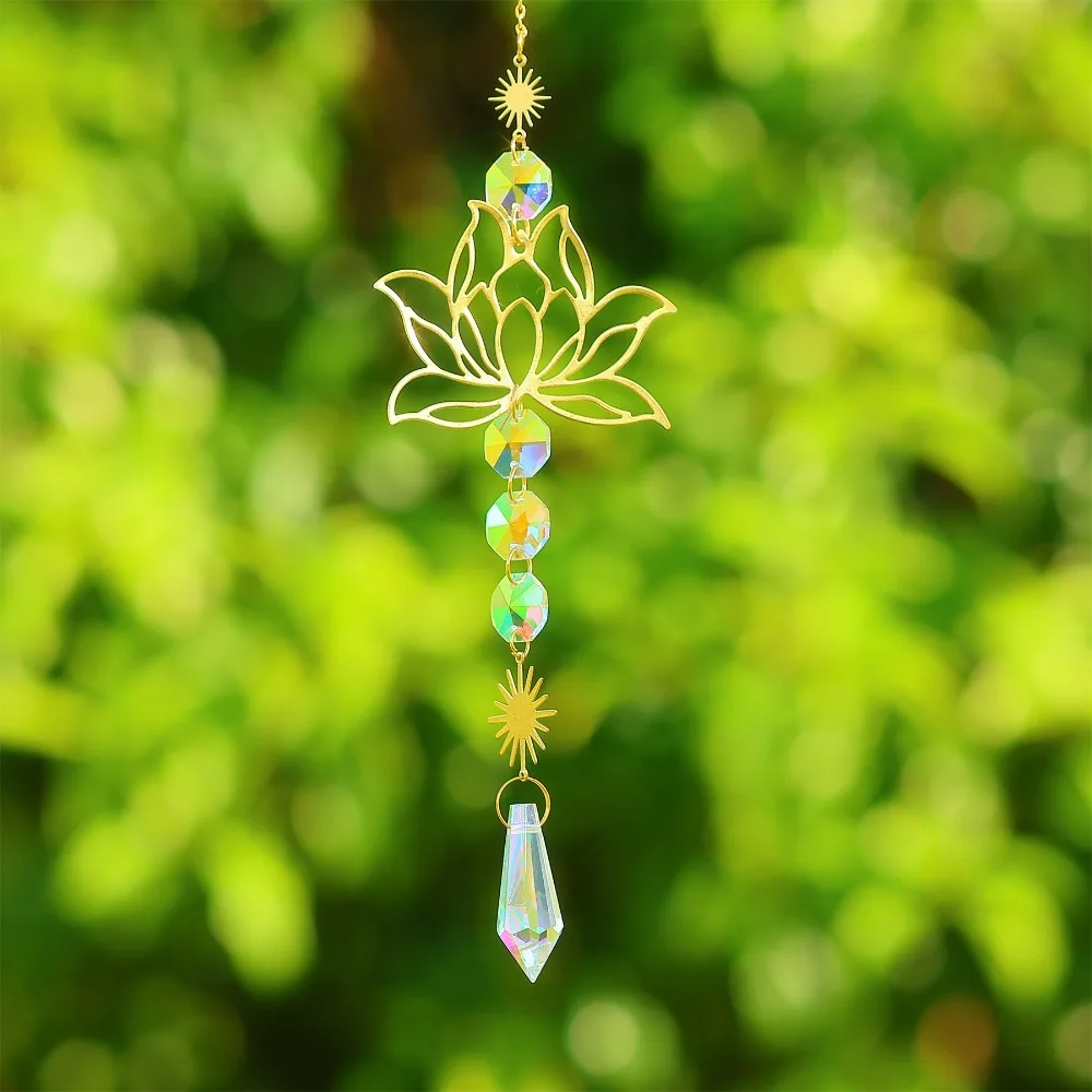 

Trendy Golden Lotus Suncatcher Home Garden Decor Gift Gardening Crafts Colorful Hanging Ornament Water Drop Pendant