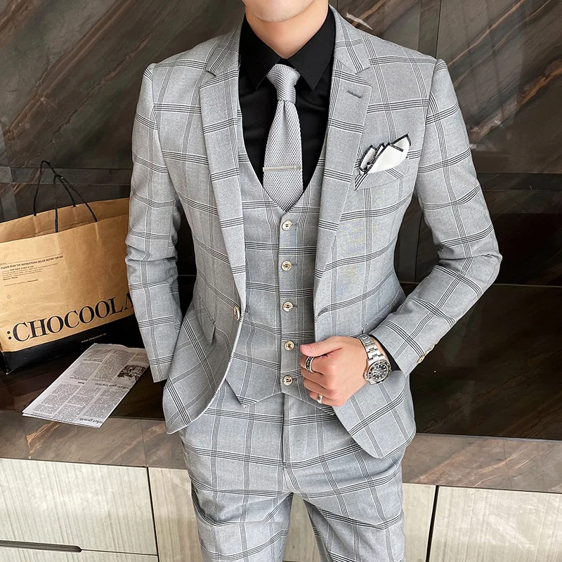 

New Men Fashion Business Plaid Wedding Dress Terno Male Mariage 3 Pcs Slim Formal Social Tuxedo Blazers Coat Vest Pants Set