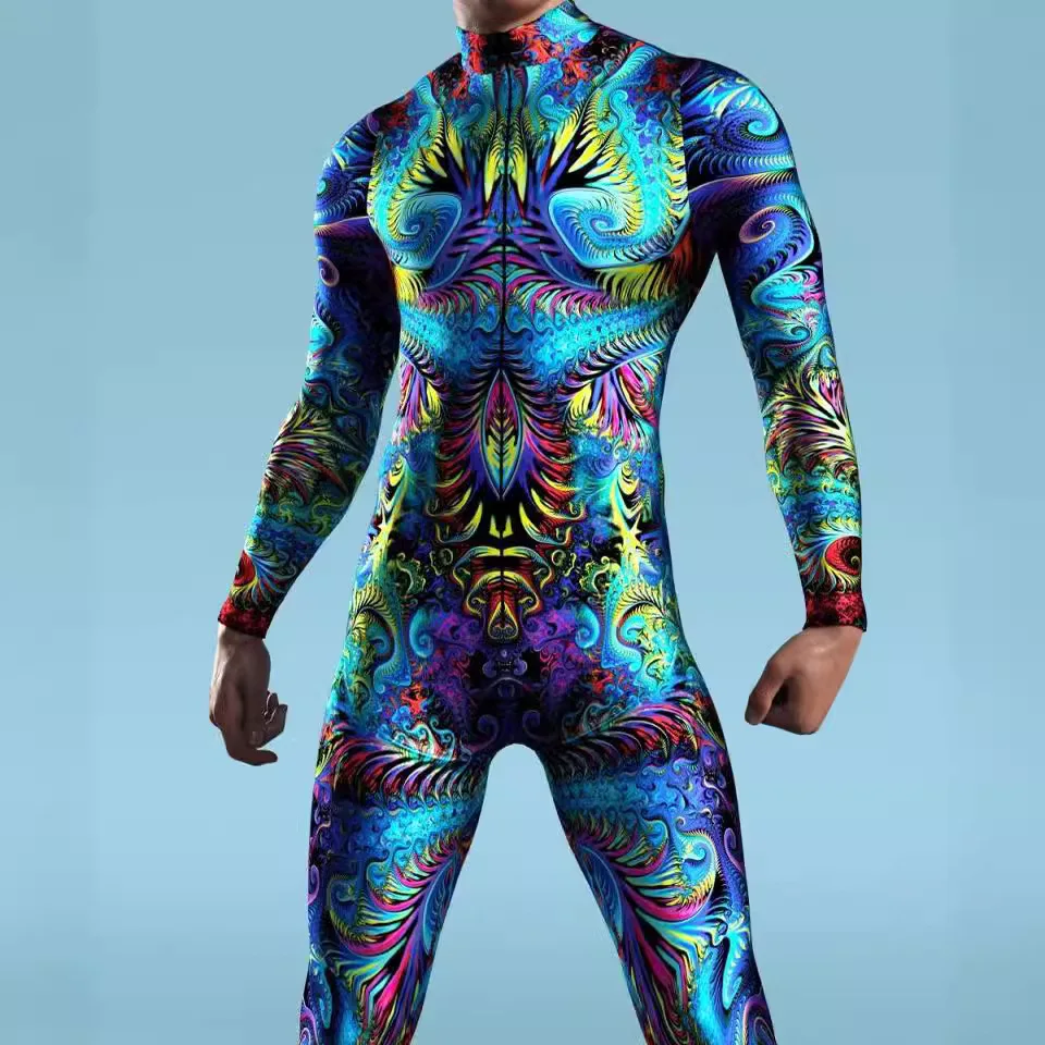 

Halloween Party Shows Men Women Zentai Suit Robot Jumpsuit Cool Colored Drawing Cosplay Bodysuit Steampunk Costume