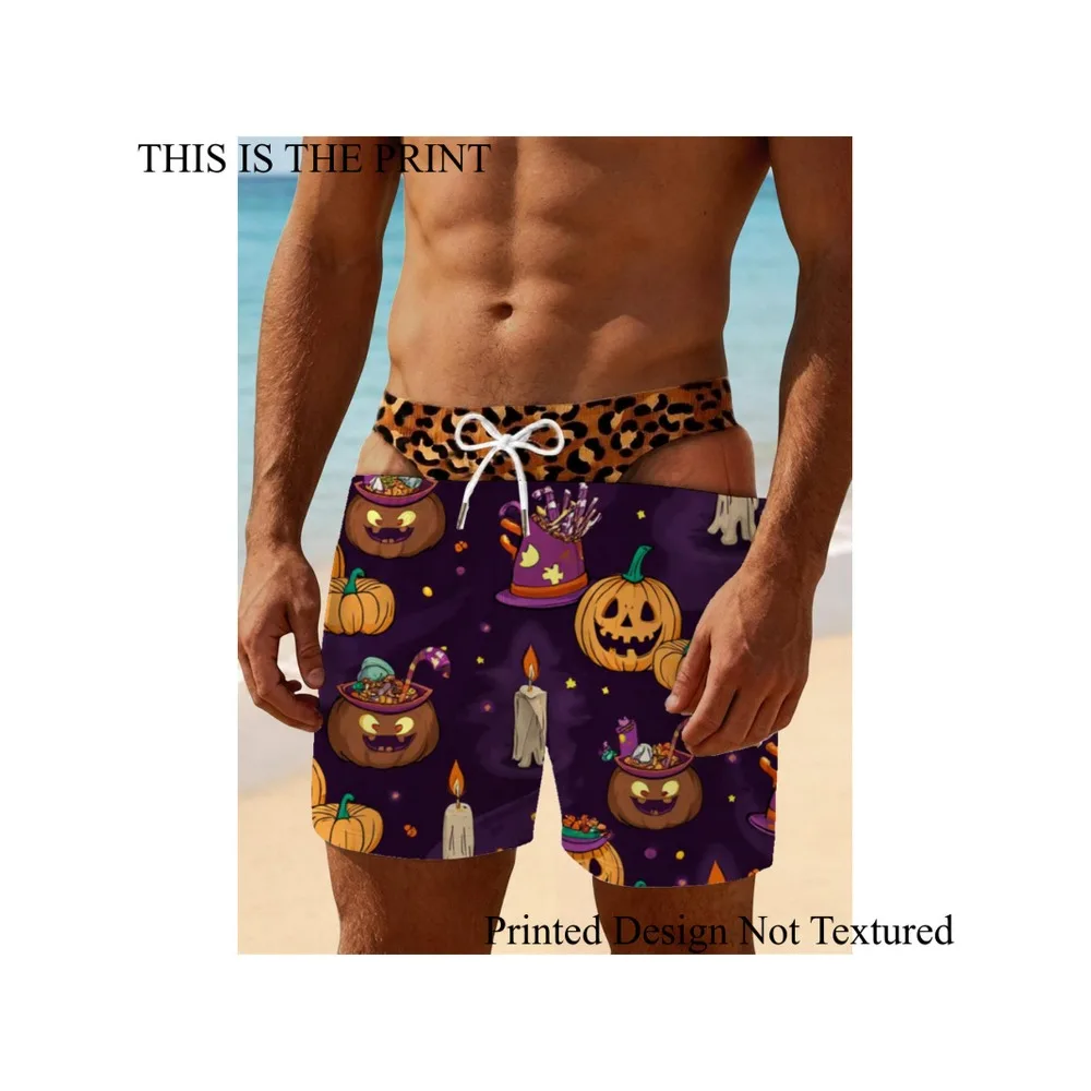 Men Funny Optical Illusion Boardshorts, Halloween Pumpkin Cartoon Print Quick Dry Beach Swim Trunks