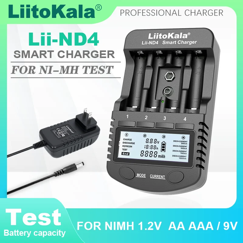 LiitoKala Lii-ND4 9V Battery Charger NiMH/Cd 1.2V AA AAA Charging Battery Charger LCD Display and Test Battery Capacity