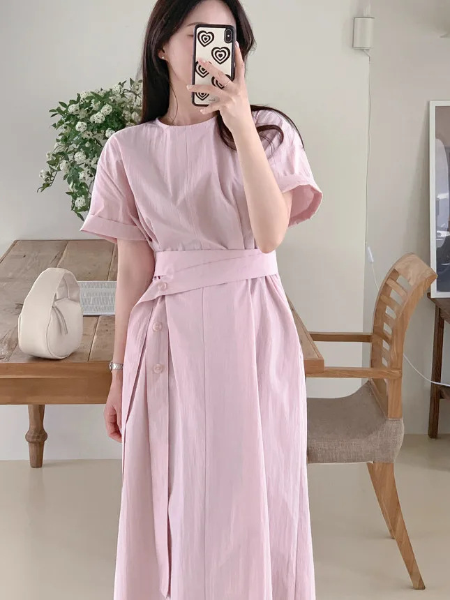 

Chic Summer Gentle Wind round Ne Ribbon Waist Slimming Midi Length ort Sve Color Women's Dr Sweet Sle