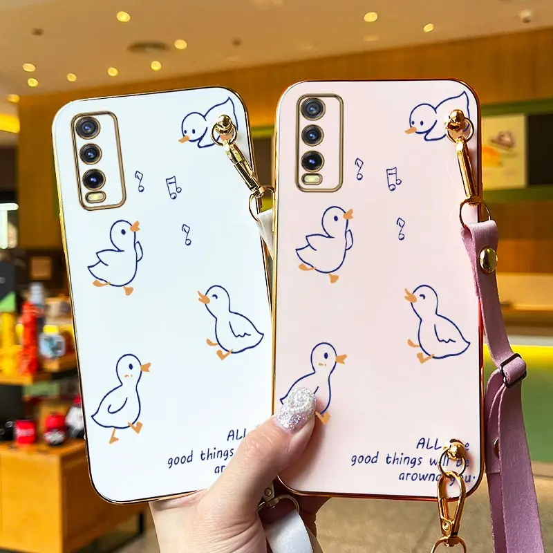 Singing Duck Lanyard Plating Phone Case For VIVO Y20 Y20S Y22 Y20i Y21S Y21 Y35 Y33S Y76 Y91 Y50 Y93 Y95 Y200 Y100 Y19 Y30 Cover