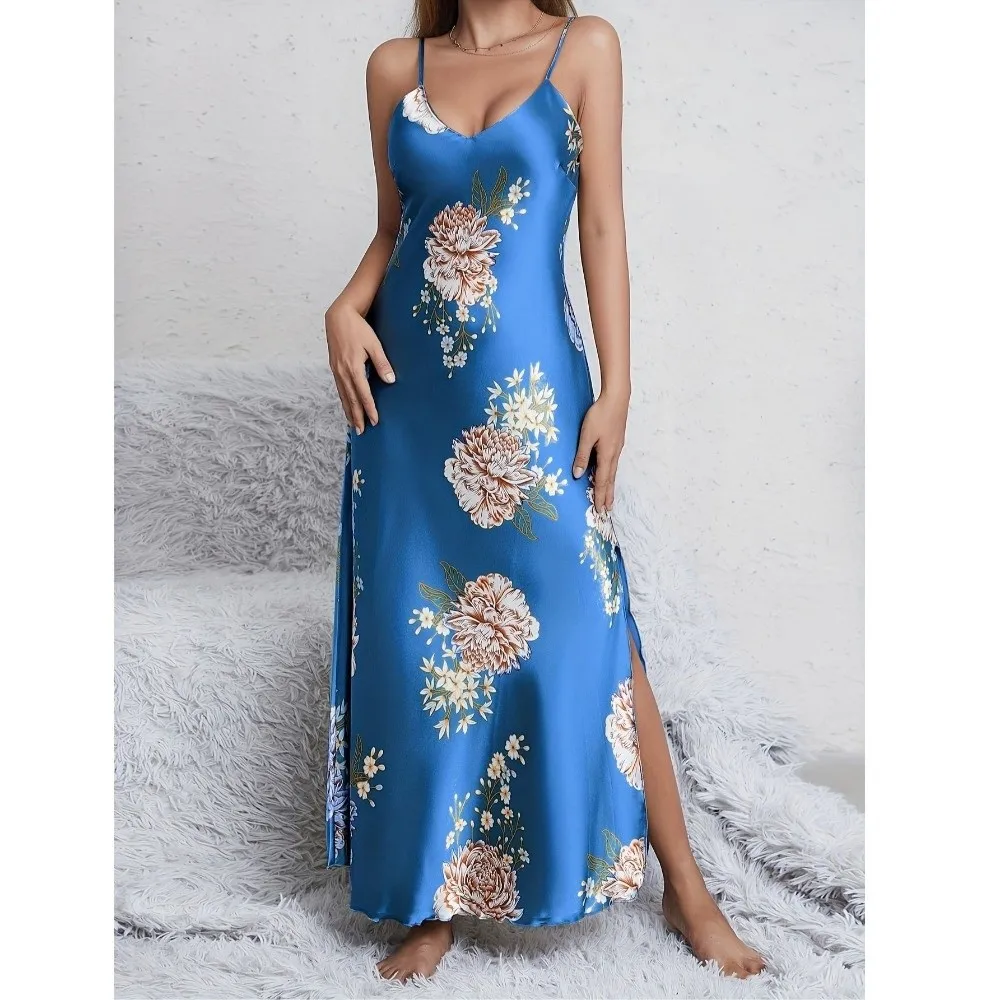 Elegant Sexy V-Neck Slip Nightgowns Silky Comfort Smooth Sleeveless Sleepwear Floral Print Long Hem Women Nightgown For Women