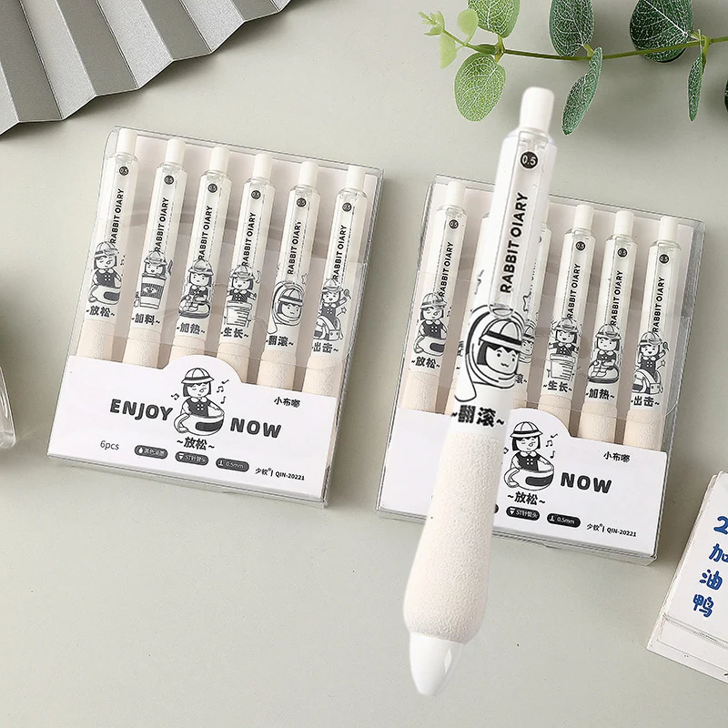 

6Pcs/Box Off-white Style Retractable Gel Pens with Sponge Grip Black Ink Cartoon Face 0.5mm ST Tip Quick-Dry for Studens Writing