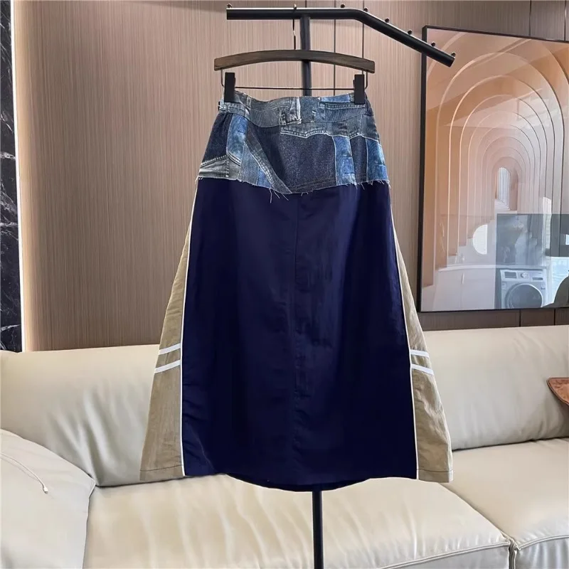 2024 American High Waist Tooling Skirt Street Letter Stitching Denim Overskirt Women\'s Summer Slim Split Mid-Length A-Line Skirt