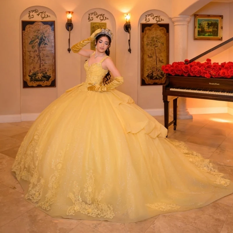 

Yellow Shiny Quinceanera Dresses Ball Gown Off The Shoulder Applique Lace Beading Crystal Bow Tull Corset Party Sweet 16 Dress