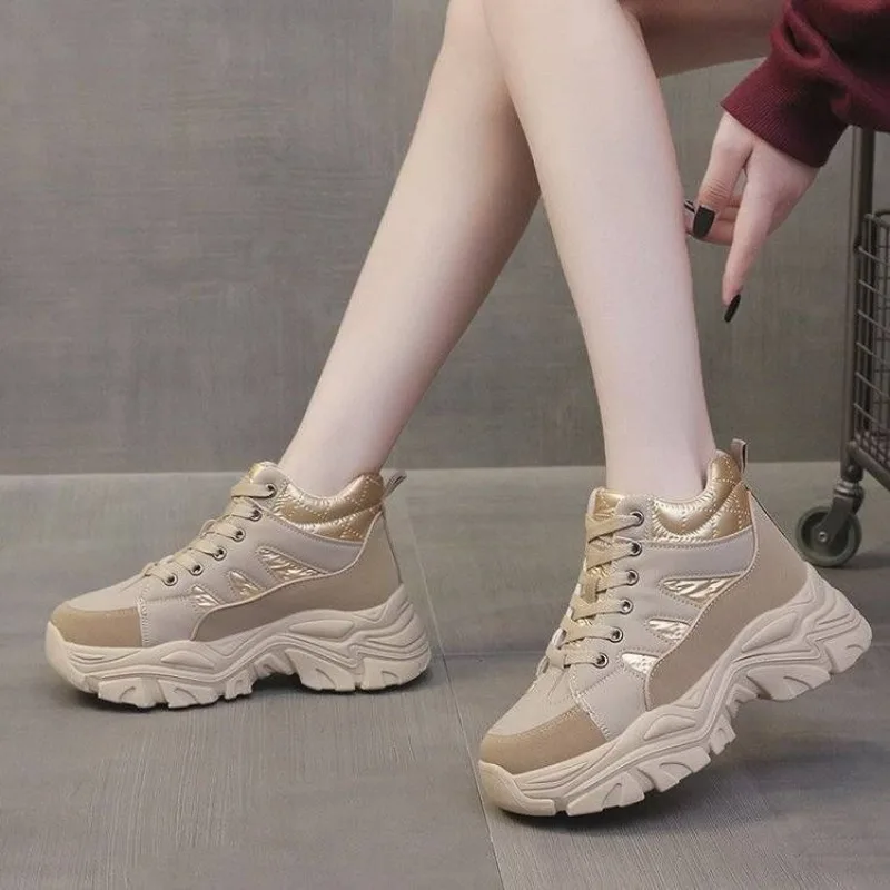 ​Women Retro Dad Shoes 2025 Fall Winter New Arrival Platform Sneakers Fleece Lined High Top Versatile Casual​