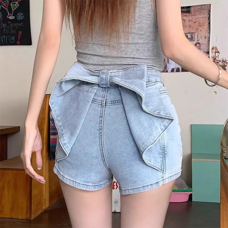 Three Dimensional Bow Jeans for Women Summer Age Reduction High Waist Spicy Girls Hip Hugging Hot Pants