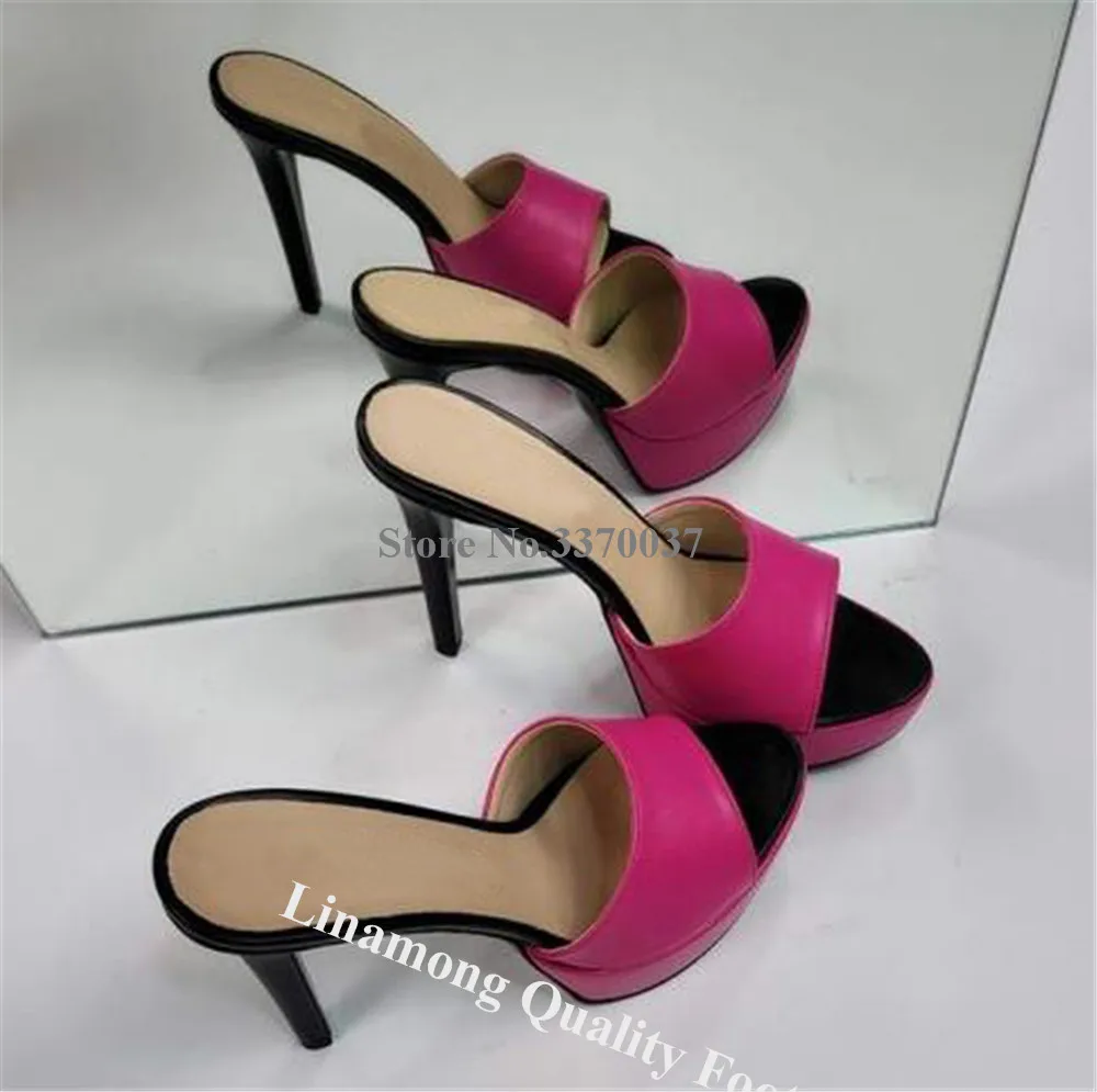 Linamong New Patchwork Stiletto Heel Slippers Peep Toe Red White Pink High Platform Thin Heel Party Heels Big Size Sandals - view 4