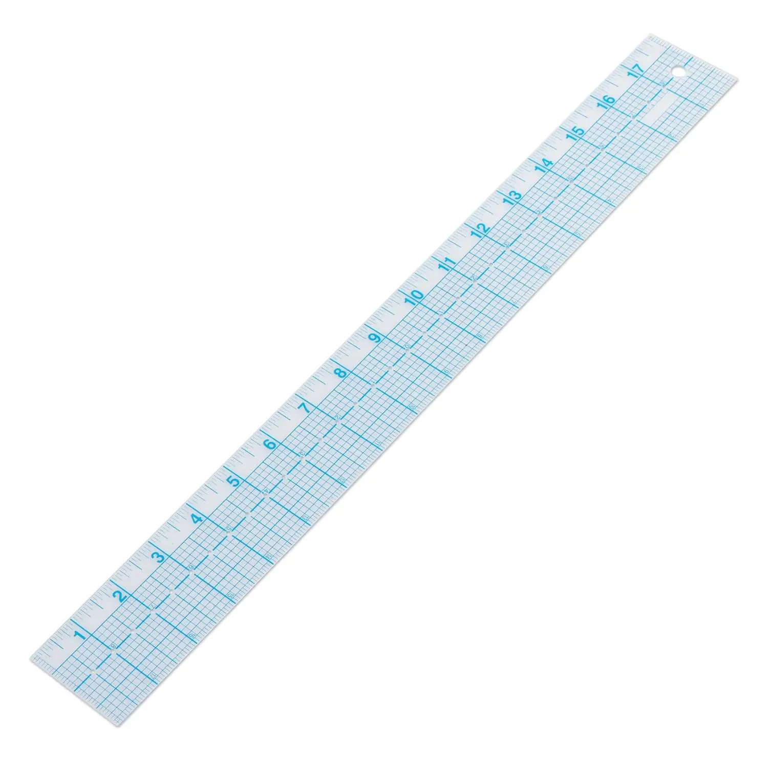 

Clear Sewing Ruler 2x18 Inch with 1/2" Spaced Holes for Centering, 1/16" Outer Edge Marks & 1/8" Grid