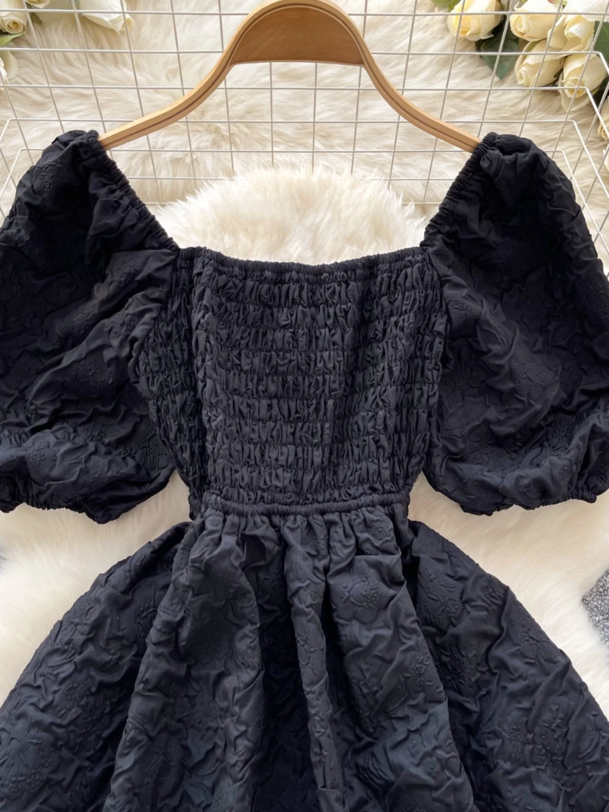 Vestido midi preto com recorte vazado, laço borboleta, cinto, manga bufante, cintura alta, estilo coreano, saia evasê, manga ...