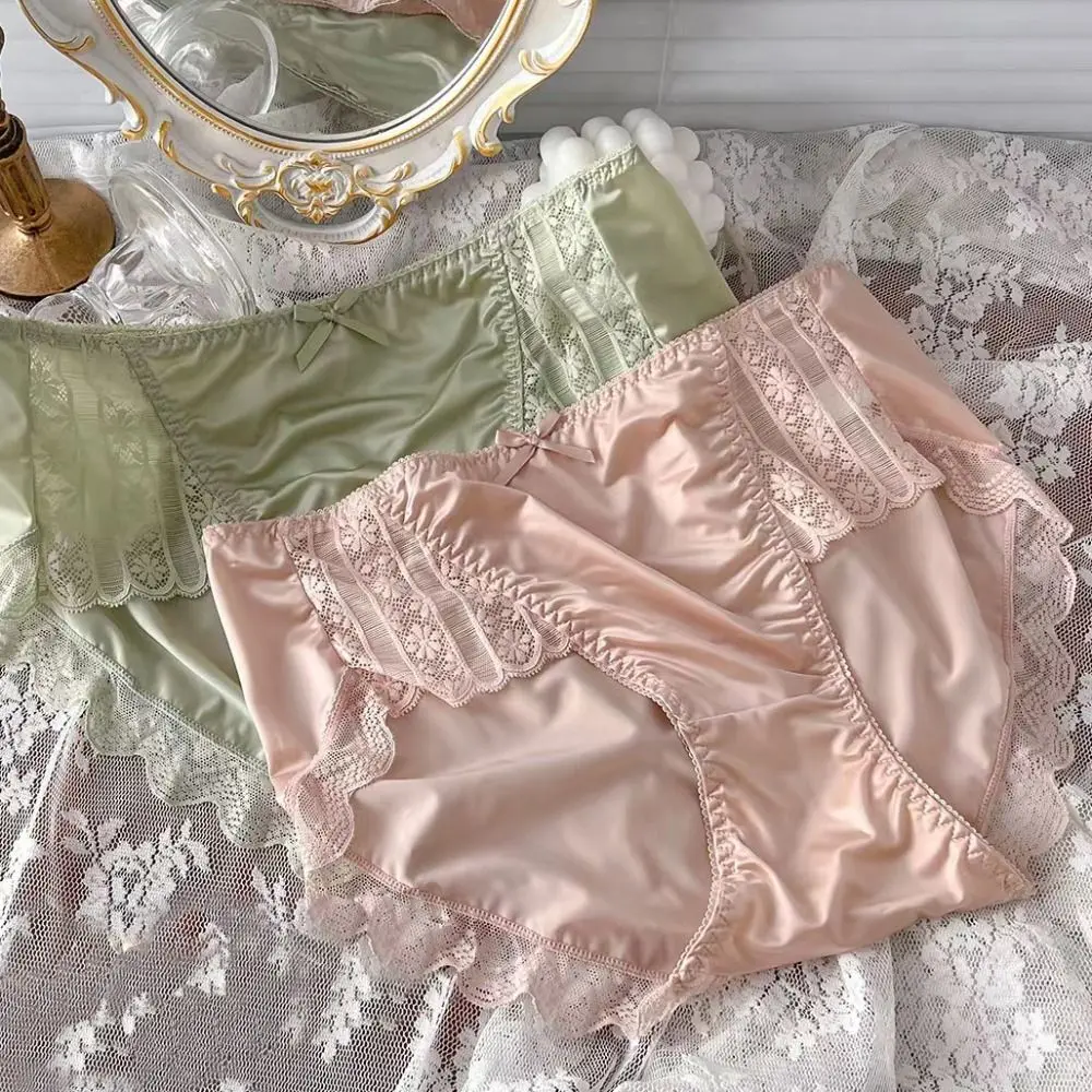 Briefs Lightweight Ice Silk Underwear Satin Smooth Sexy Panties Soft Embroidery Bow Lingerie Ladies