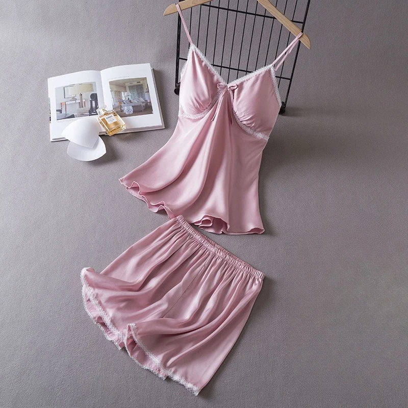 Women Chemise Sleepwear Lingerie 2pcs Sexy Strap Top&shorts Pijamas Suit Silky Satin Home Clothing Summer Pajamas Set
