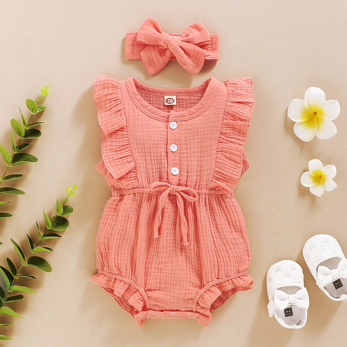 New Infant Toddler Born Baby Girls Romper + Headband Cotton Linen Ruffles Rompers Kids Onepiece Fashion Baby Clothing