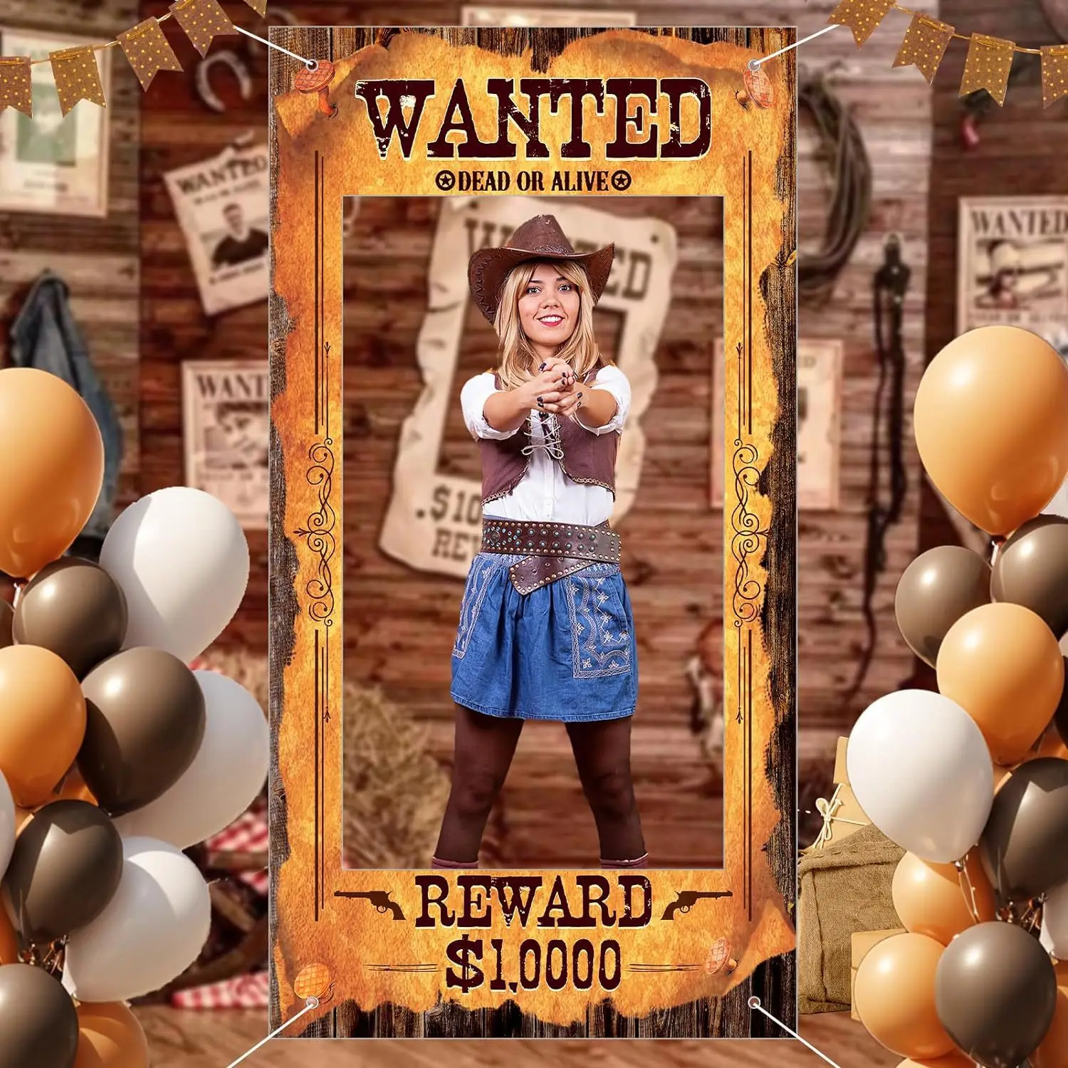 Cowboy Party Decoration Western Wanted Photo Booth Props Retro Wild West Birthday Photo BackdropBanner