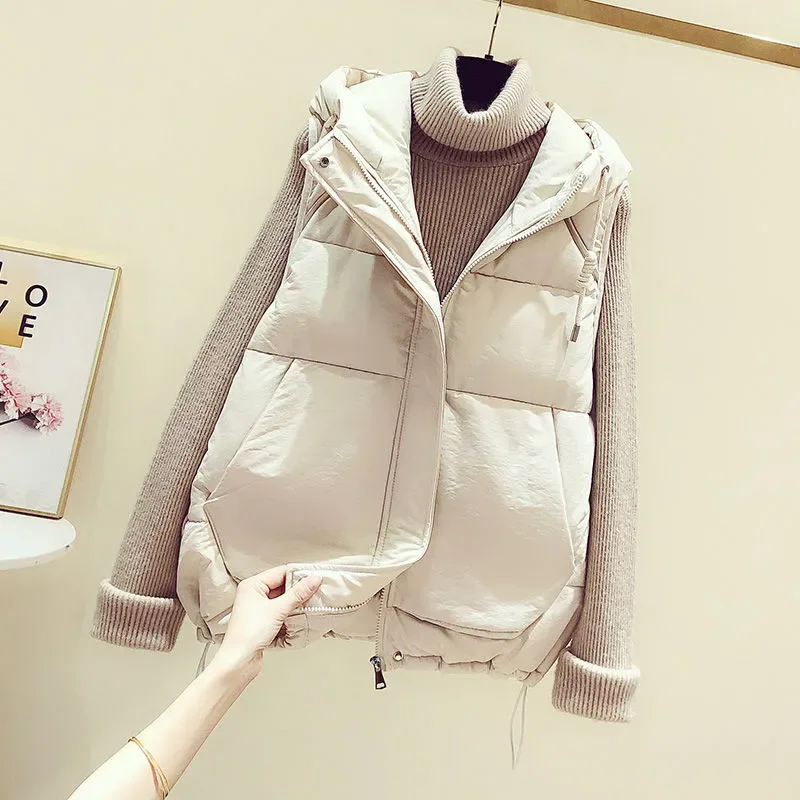 

2024 Autumn Winter New Down Cotton Vest Jacket Women Fashion Short Sleeveless Hooded Waistcoat Female Top
