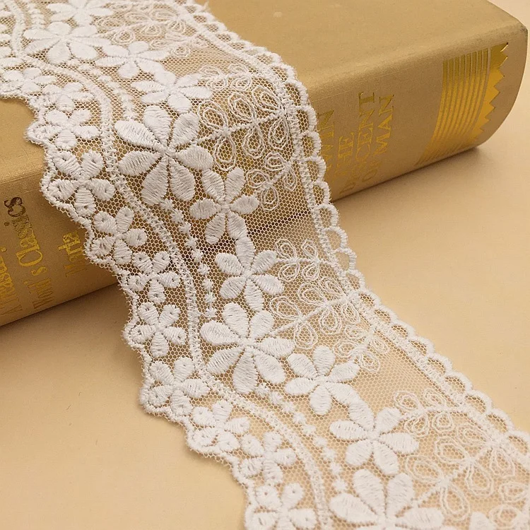 6.5CM Wide Exquisite White Mesh Cotton Embroidered Flowers Lace Ribbon Wedding Dress Collar Curtains DIY Apparel Sewing Crafts