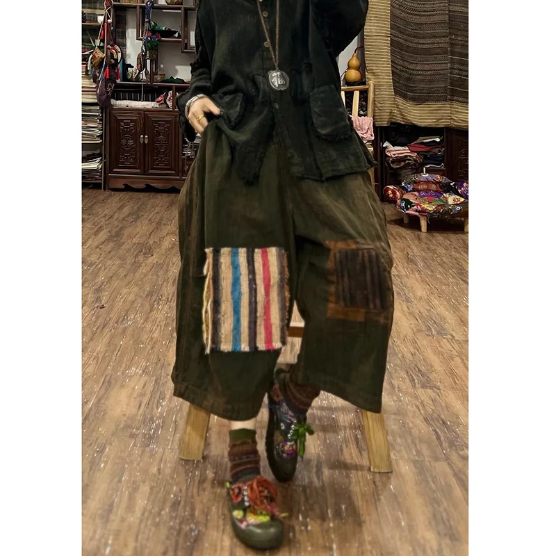 New Arrival Spring Summer Women Good Quality Cotton Calf-length Pants Casual Loose Elastic Waist Patchwork Wide Leg Pants F259