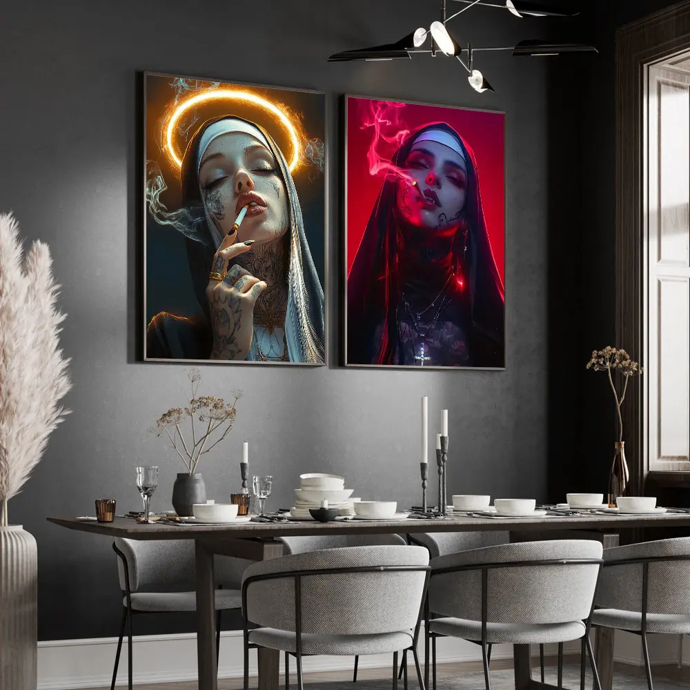 Sexy Tattoo Machine Gun Nun Poster Print Christian Smoking Nun Canvas Painting Living Room Background Bar Cafe Wall Home Decor