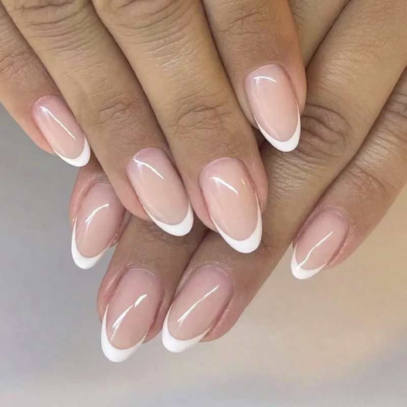 24 pçs wearable unhas falsas dicas simples azul francês curto amêndoa imprensa em unhas define cor nude oval unhas falsas acabado manicure