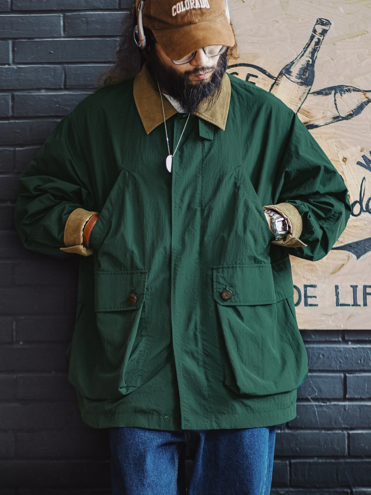 

Maden American Retro Hunting Jaet Loose Fit Long Sve Zipper Closure Men's Coat Multiple kets Casual Outerwear