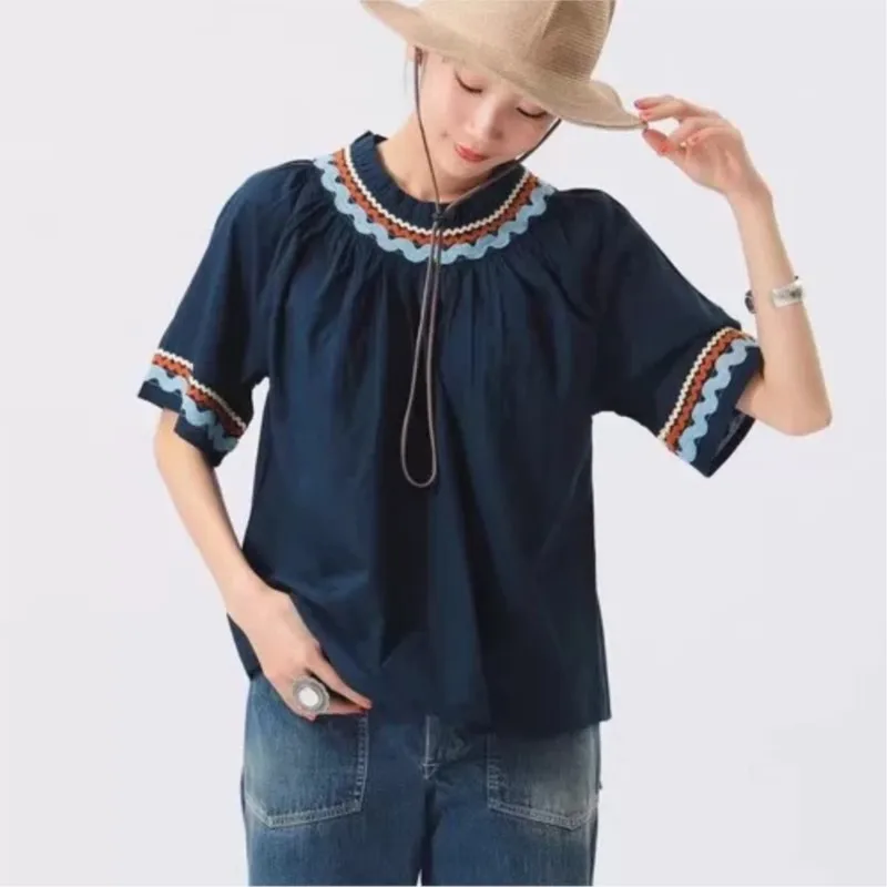 

Johnature Summer New Japanese Embroidered Ethnic Style Shirt 2025 Casual Simple Ruffles Collar Loose Pullover Women Tops