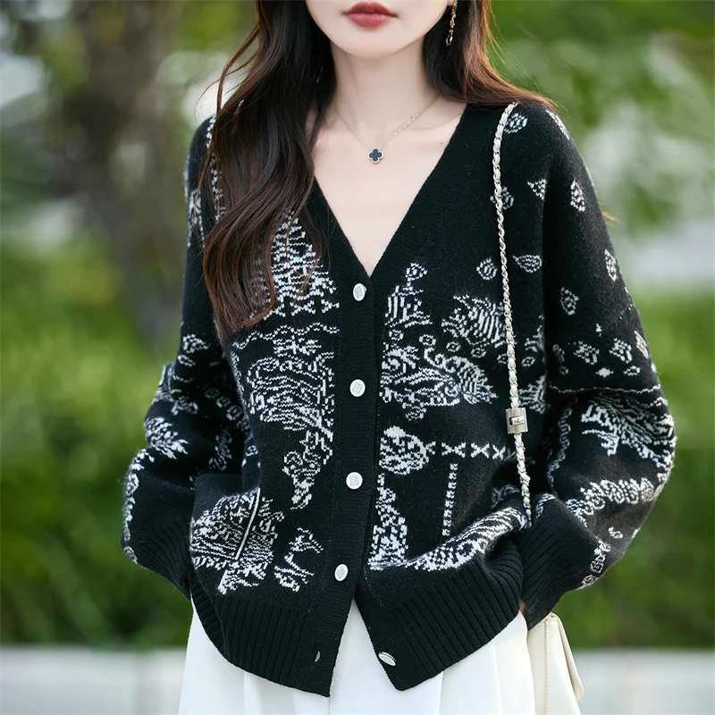 Contrast color V-neck 100% pure cashmere cardigan women's loose knit coat sweater color matching Joker top